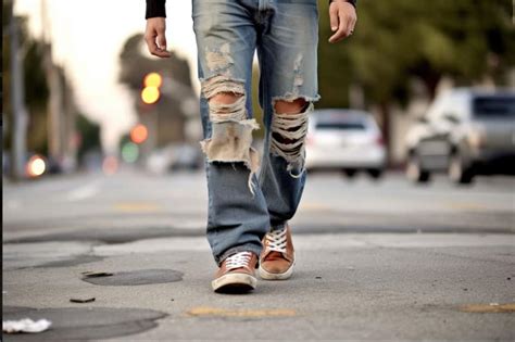 men ripped jeans running shoes.